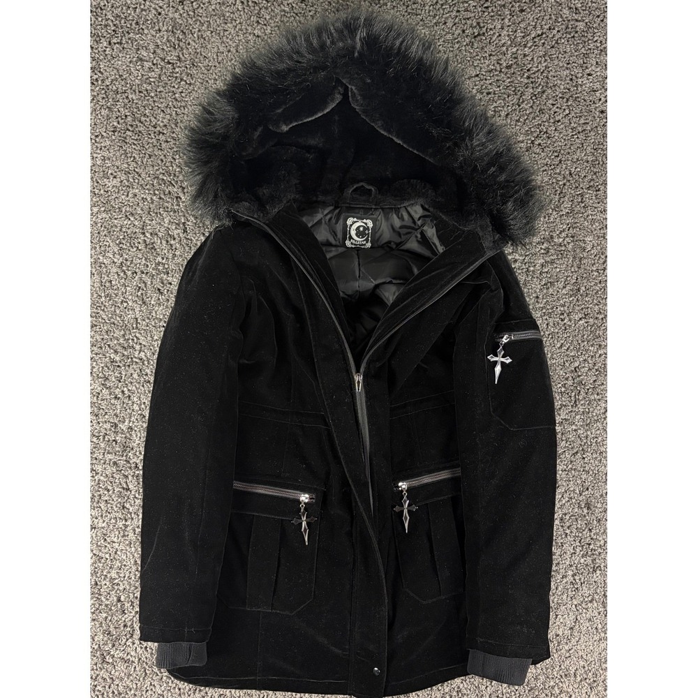 Killstar Stormy Daze Parka Black Velvet Faux Fur Hood Gothic Cross Coat XXL